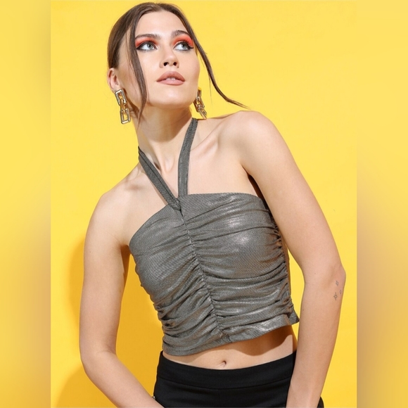 Tokyo Talkies Tops - Gold Tone Halter Neck Tube Crop Top